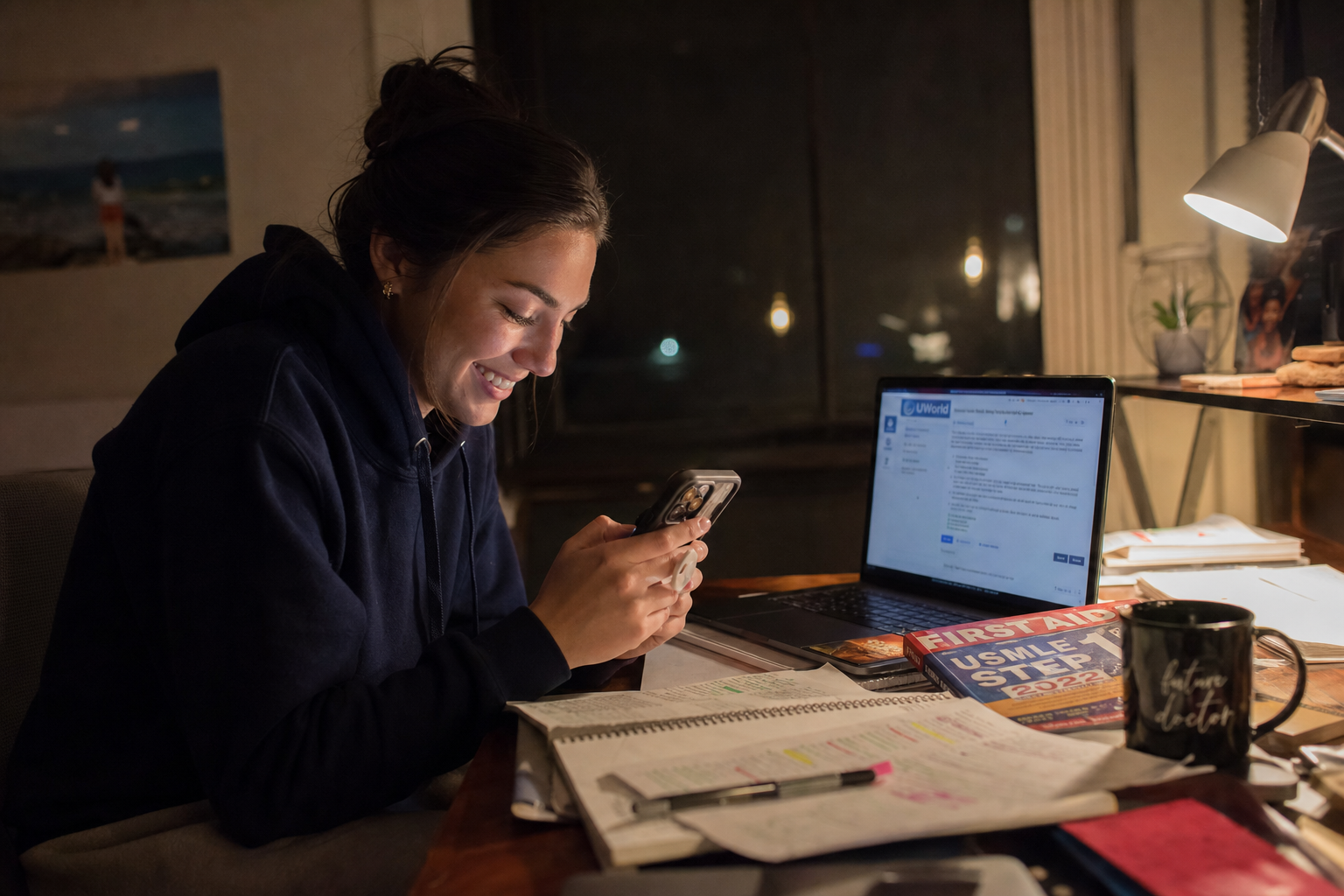 M3 student getting late-night support from a Step 1 mentor