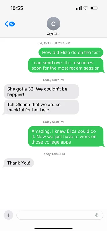 Text message from Crystal: She got a 32. We couldn&rsquo;t be happier!