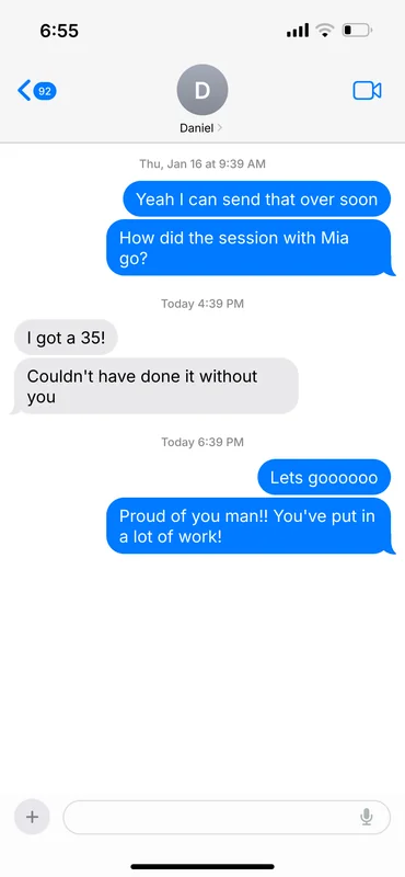 Text message from Daniel: I got a 35!