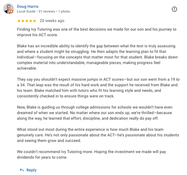 Doug Harris&rsquo;s 5-star Google review for Ivy Tutoring