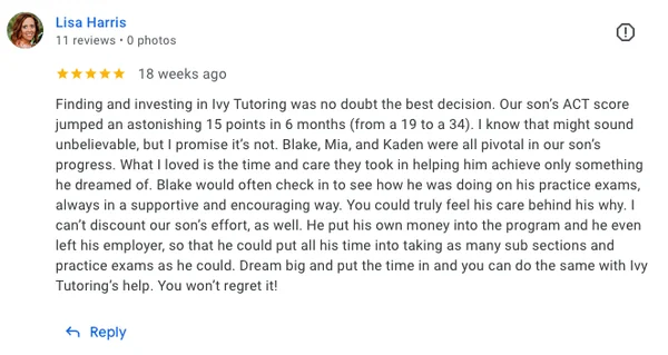 Lisa Harris&rsquo;s 5-star Google review for Ivy Tutoring