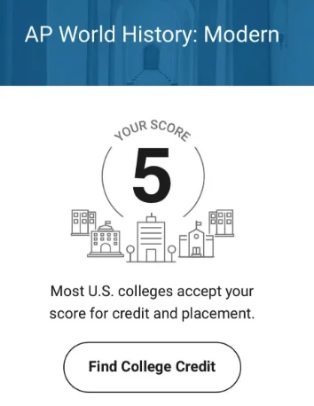 College Board score report showing a 5 on AP World History: Modern