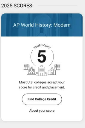 2025 College Board score report showing a 5 on AP World History: Modern