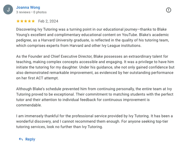 Joanna Wong&rsquo;s 5-star Google review for Ivy Tutoring