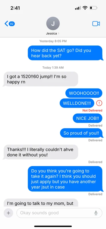 Text message from Jessica after the SAT: I got a 1520!! 60 jump!!