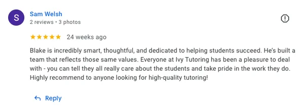 Sam Welsh&rsquo;s 5-star Google review for Ivy Tutoring