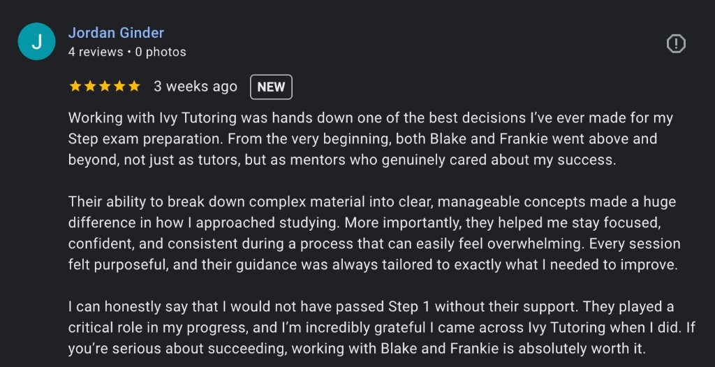Jordan Ginder&rsquo;s Google review for Ivy Tutoring